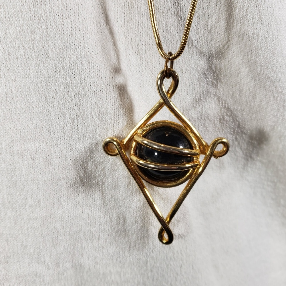 Black Half Orb w/Goldtone Cage Pendant with Lobster Claw Clasp